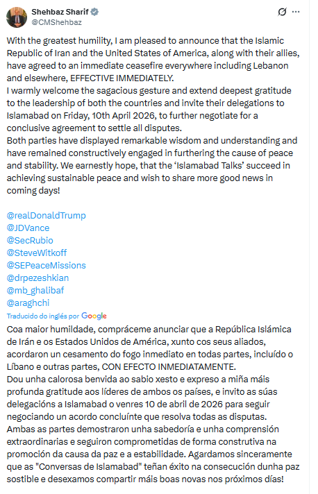 A piques de expirar o ultimato, Trump e Irán anuncian un alto o fogo de dúas semanas