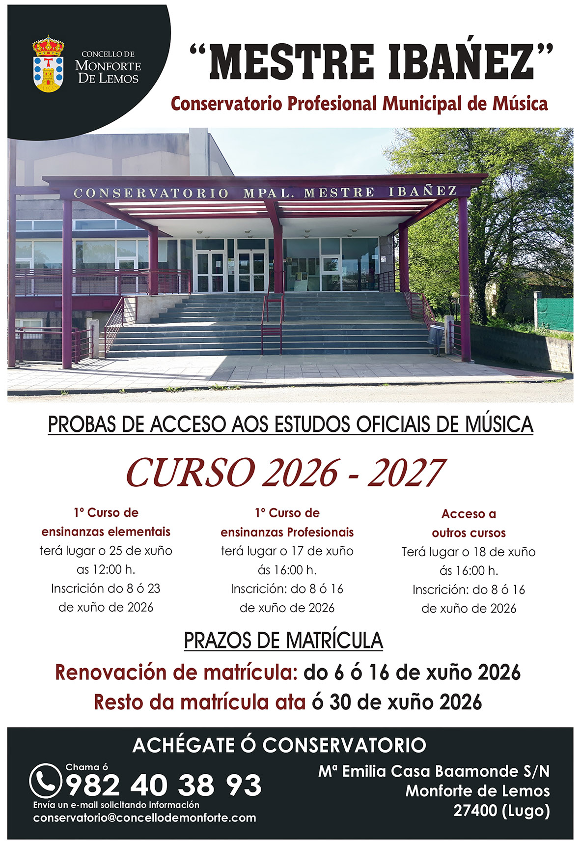 Aberto o prazo de inscrición para as probas de acceso e matrícula no Conservatorio Municipal de Música para o curso 2026-2027