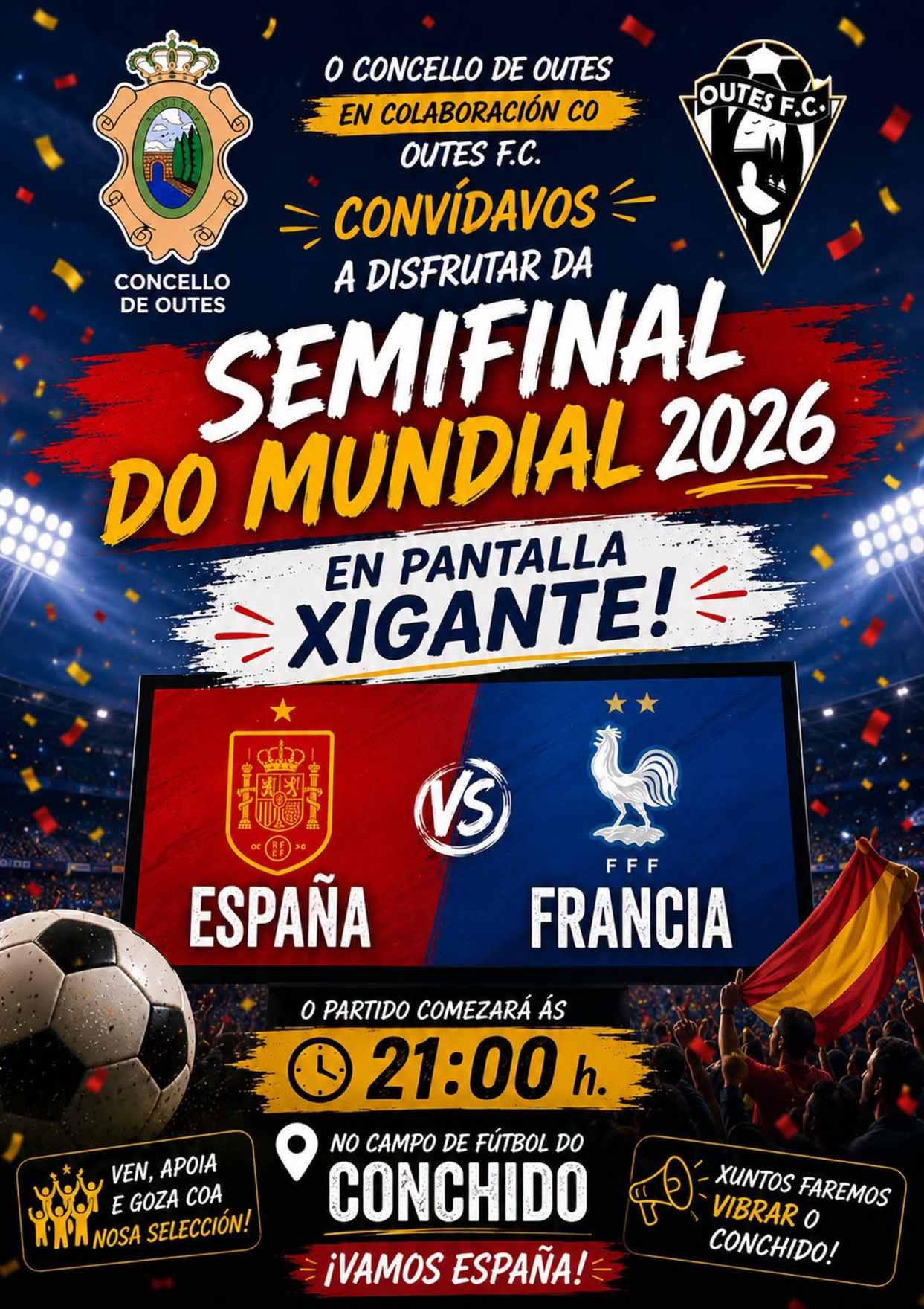 O Concello e o Outes FC instalan no Conchido unha pantalla xigante para ver o partido Francia – España do Mundial