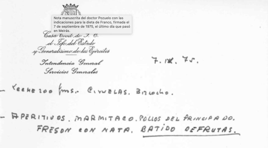 A última cea de Francisco Franco en Meirás: crema de verduras, meigas, ameixas e Evacuol