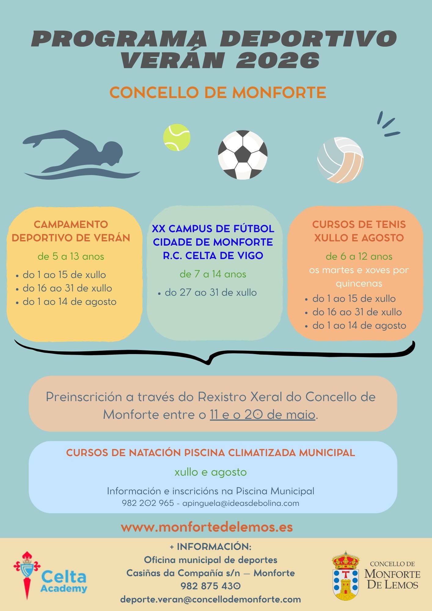 O luns, 8 de xuño, ábrese o prazo de matrícula para os Campamentos Deportivos de Verán en Monforte